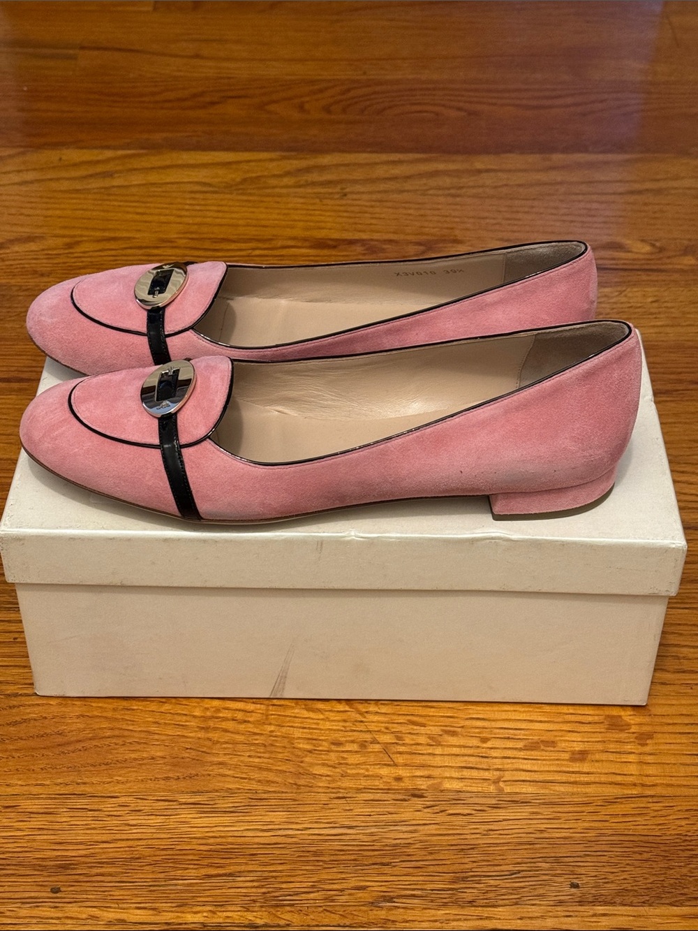 Emporio Armani Pink Suede Loafers with Black Trim & Silver Buckle - Picture 4 of 12